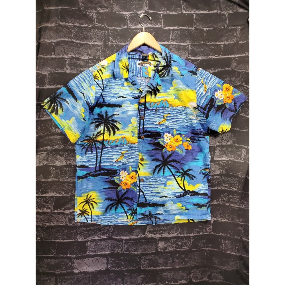 Palmwave Hawaii Button Up Shirt Mens Large Tropical Floral Surfer Beach Pocket